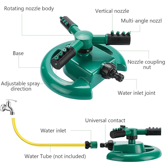Automatic 360 ° Rotating Adjustable Round 3 Arm Lawn Water Sprinkler(Pipe connector screws included)
