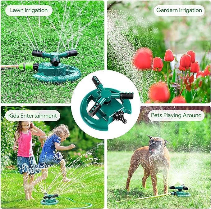 Automatic 360 ° Rotating Adjustable Round 3 Arm Lawn Water Sprinkler(Pipe connector screws included)
